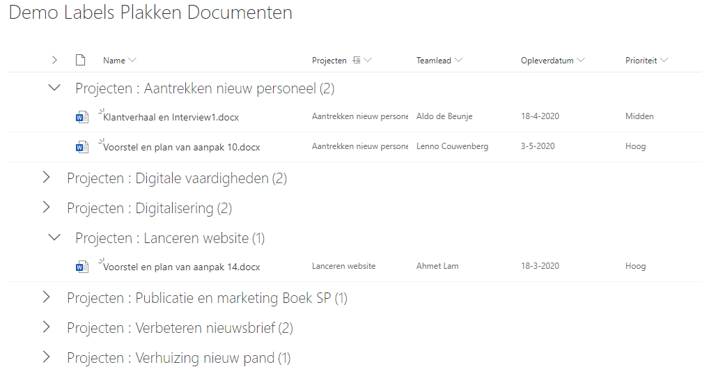 Office 365 Meta data Groeperen per project